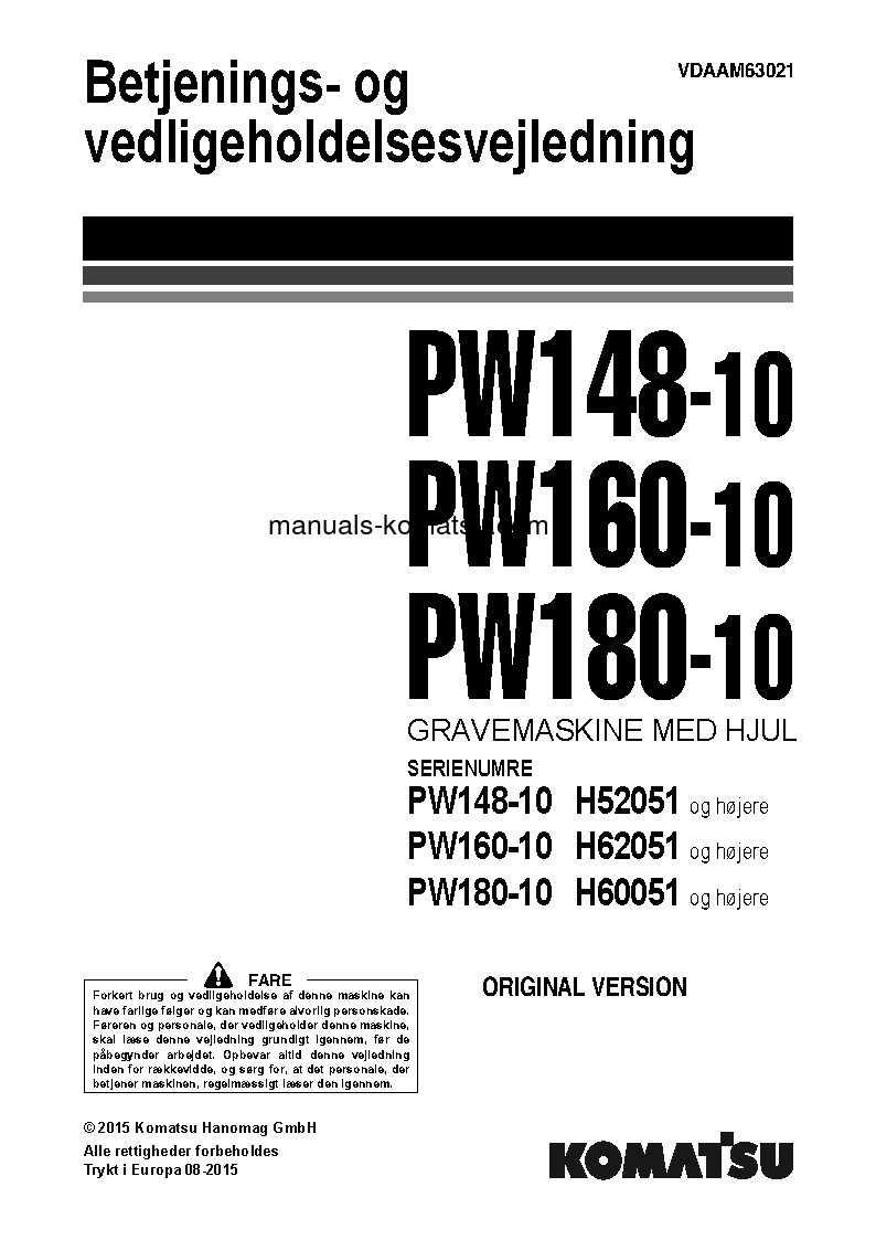 PW180-10(DEU) S/N H60051-UP Operation manual (Danish)