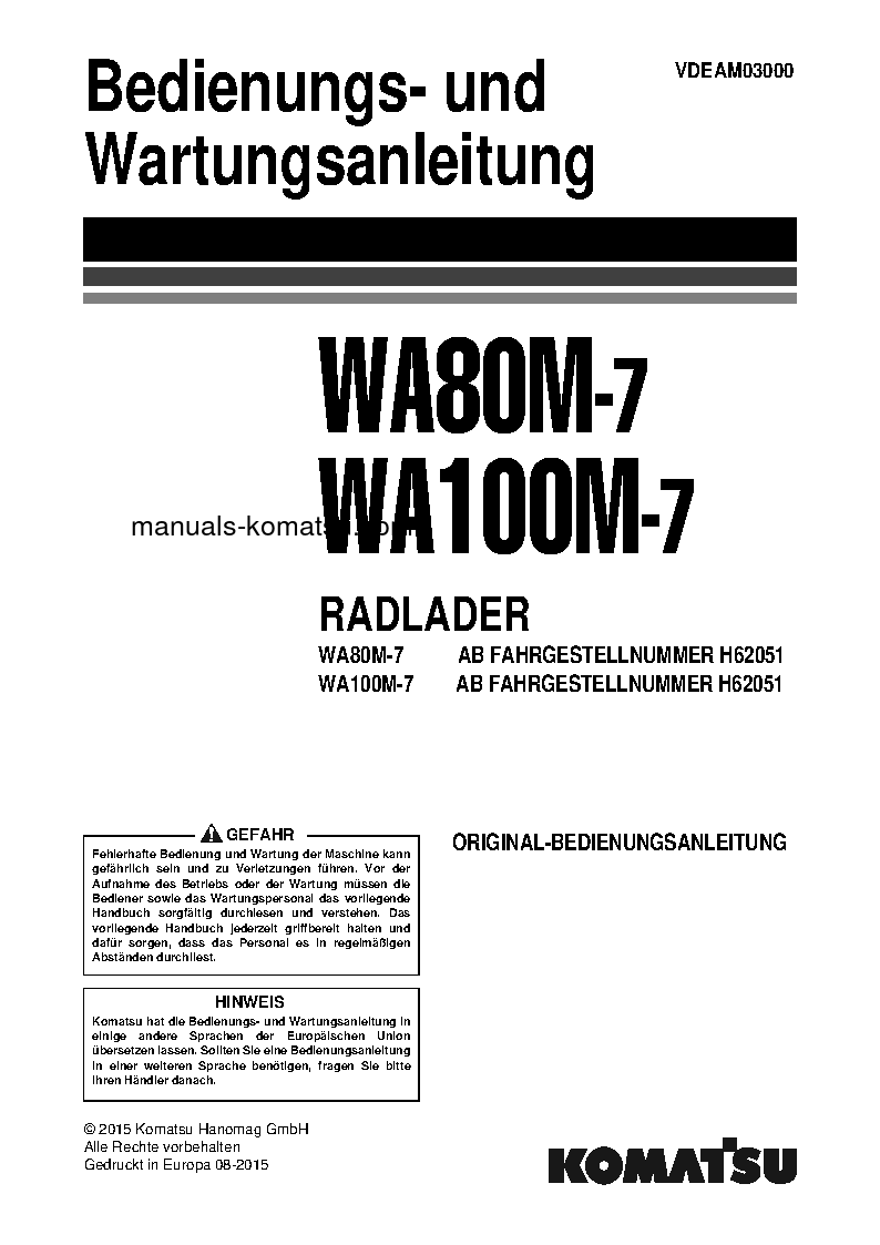 WA80M-7(DEU) S/N H62051-UP Operation manual (German)