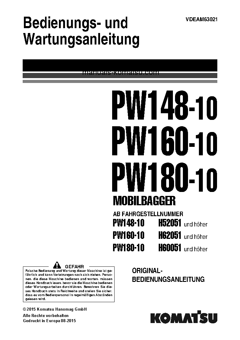 PW160-10(DEU) S/N H62051-UP Operation manual (German)