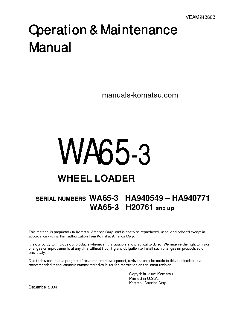 WA65-3(DEU) S/N HA940549-HA940771 Operation manual (English)