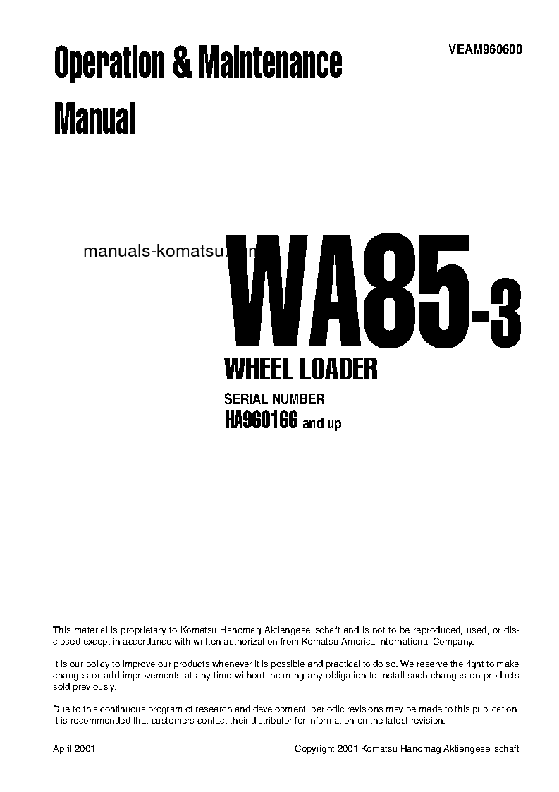 WA85-3(DEU) S/N HA960166-UP Operation manual (English)