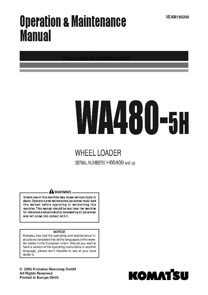 WA480-5(DEU)-H S/N H60409-UP Operation manual (English)
