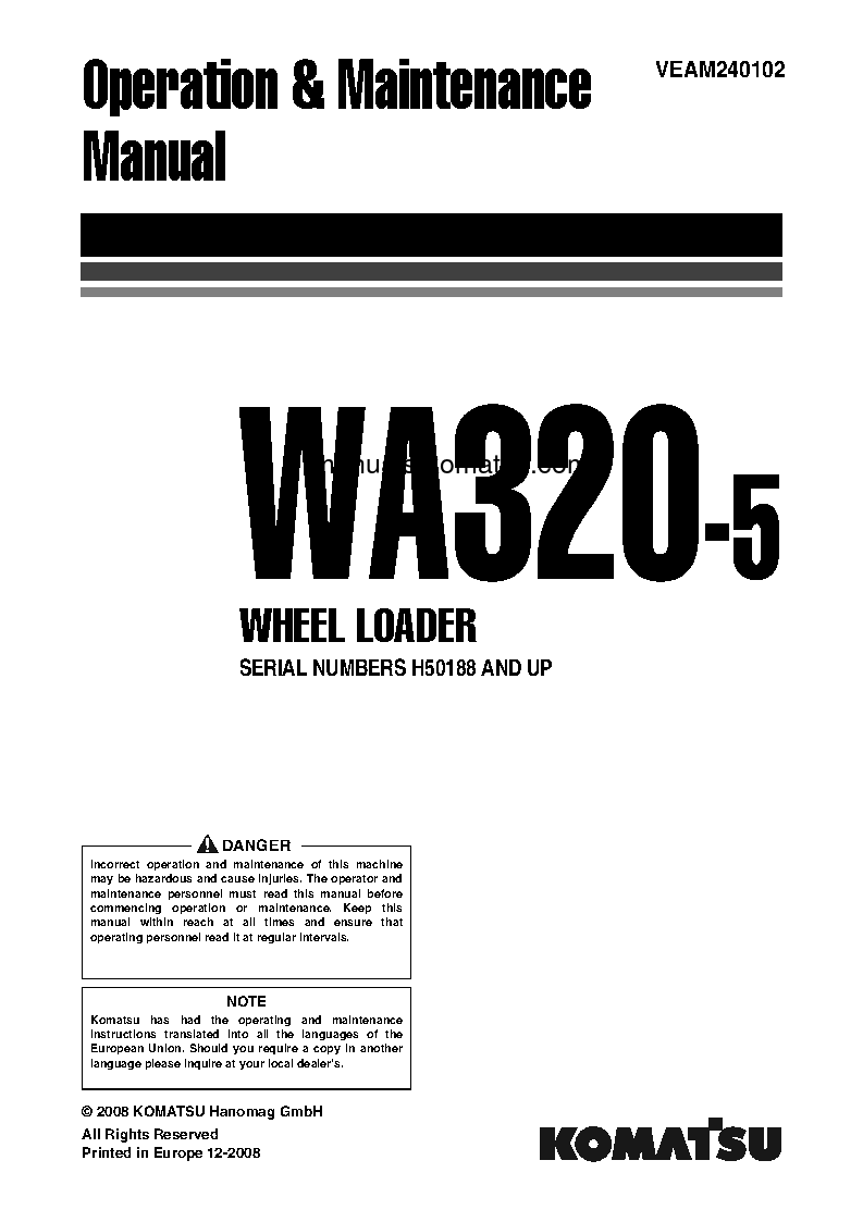 WA320-5(DEU)-H S/N H50051-H50187 Operation manual (English)