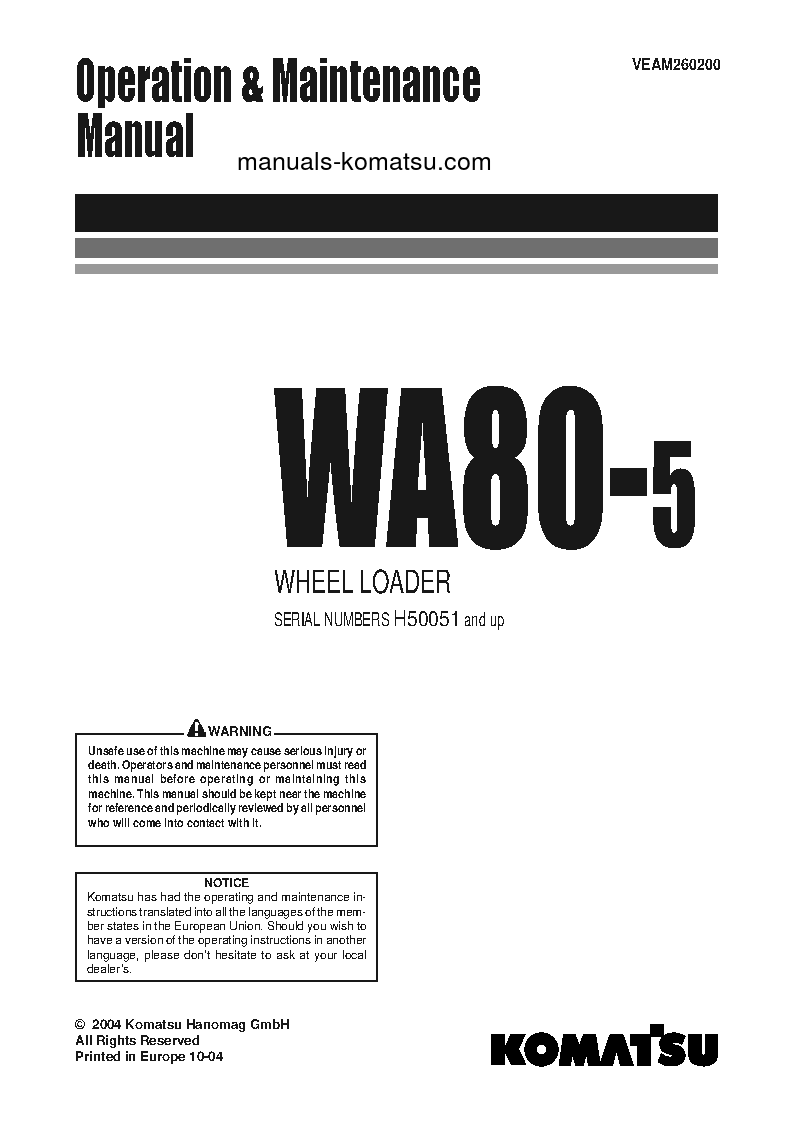 WA80-5(DEU) S/N H50051-UP Operation manual (English)