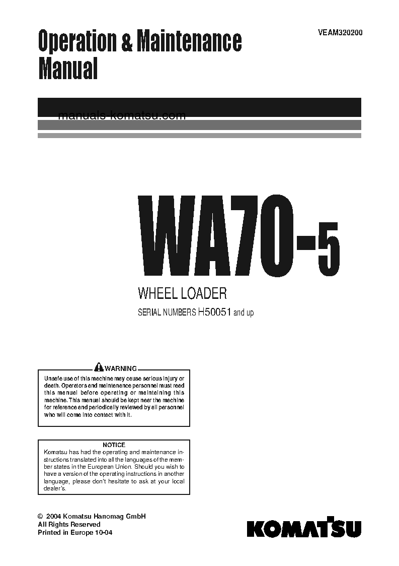 WA70-5(DEU) S/N H50051-UP Operation manual (English)