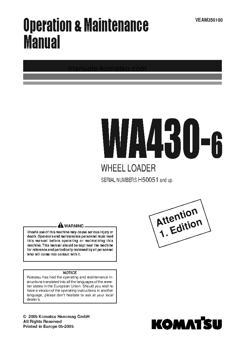 WA430-6(DEU) S/N H50051-UP Operation manual (English)