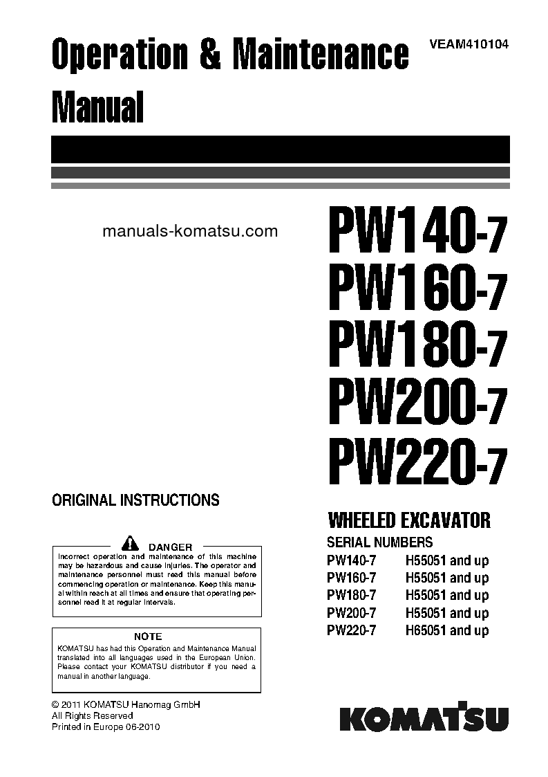 PW180-7(DEU)-E0 S/N H55051-UP Operation manual (English)