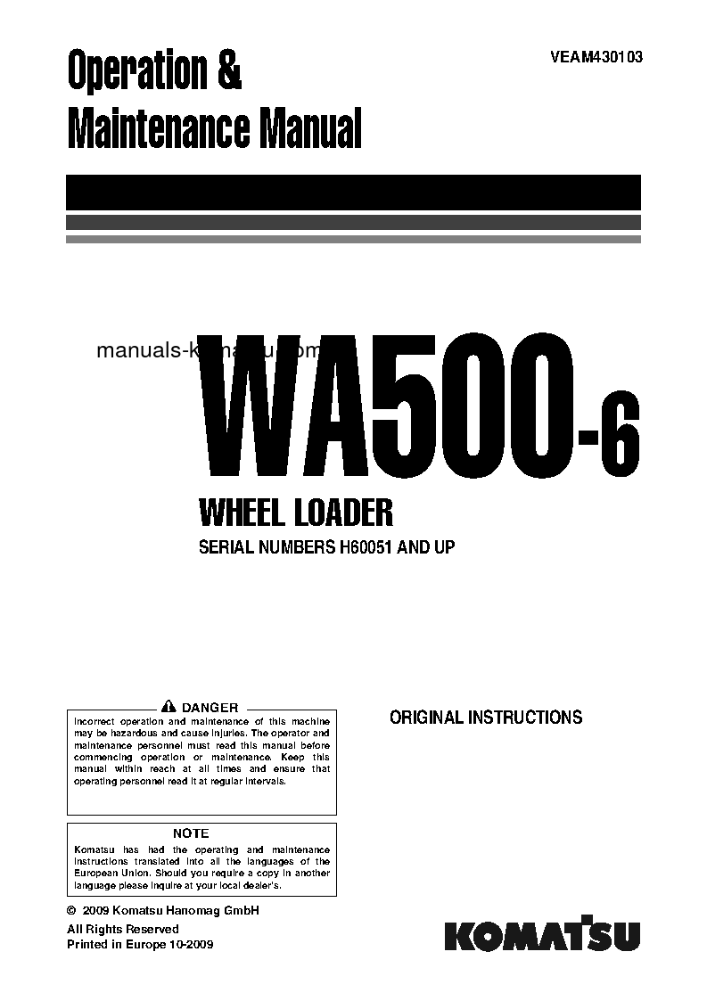 WA500-6(DEU) S/N H60051-UP Operation manual (English)