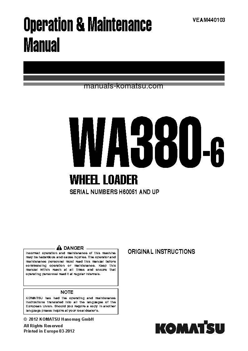 WA380-6(DEU) S/N H60051-UP Operation manual (English)