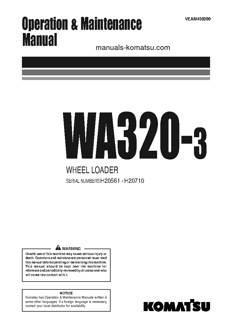 WA320-3(DEU)-H S/N WA320H20561-WA320H20710 Operation manual (English)