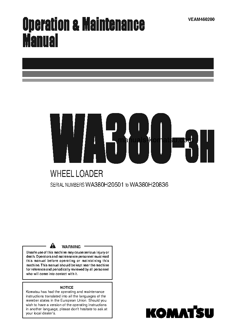 WA380-3(DEU)-H S/N WA380H20501-WA380H20836 Operation manual (English)