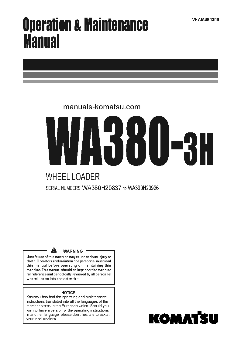 WA380-3(DEU)-H S/N WA380H20837-WA380H20986 Operation manual (English)