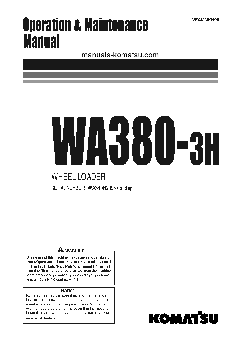 WA380-3(DEU)-H S/N WA380H20987-UP Operation manual (English)