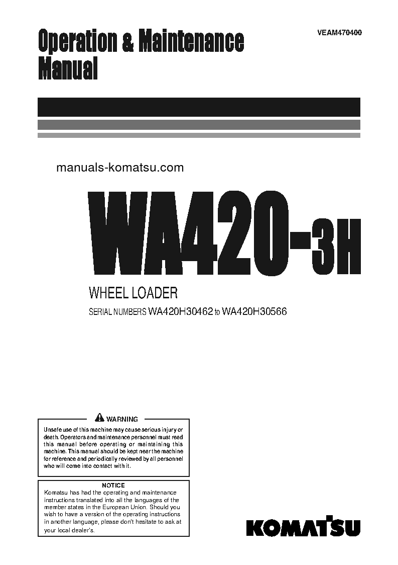 WA420-3(DEU)-H S/N H30462-H30566 Operation manual (English)