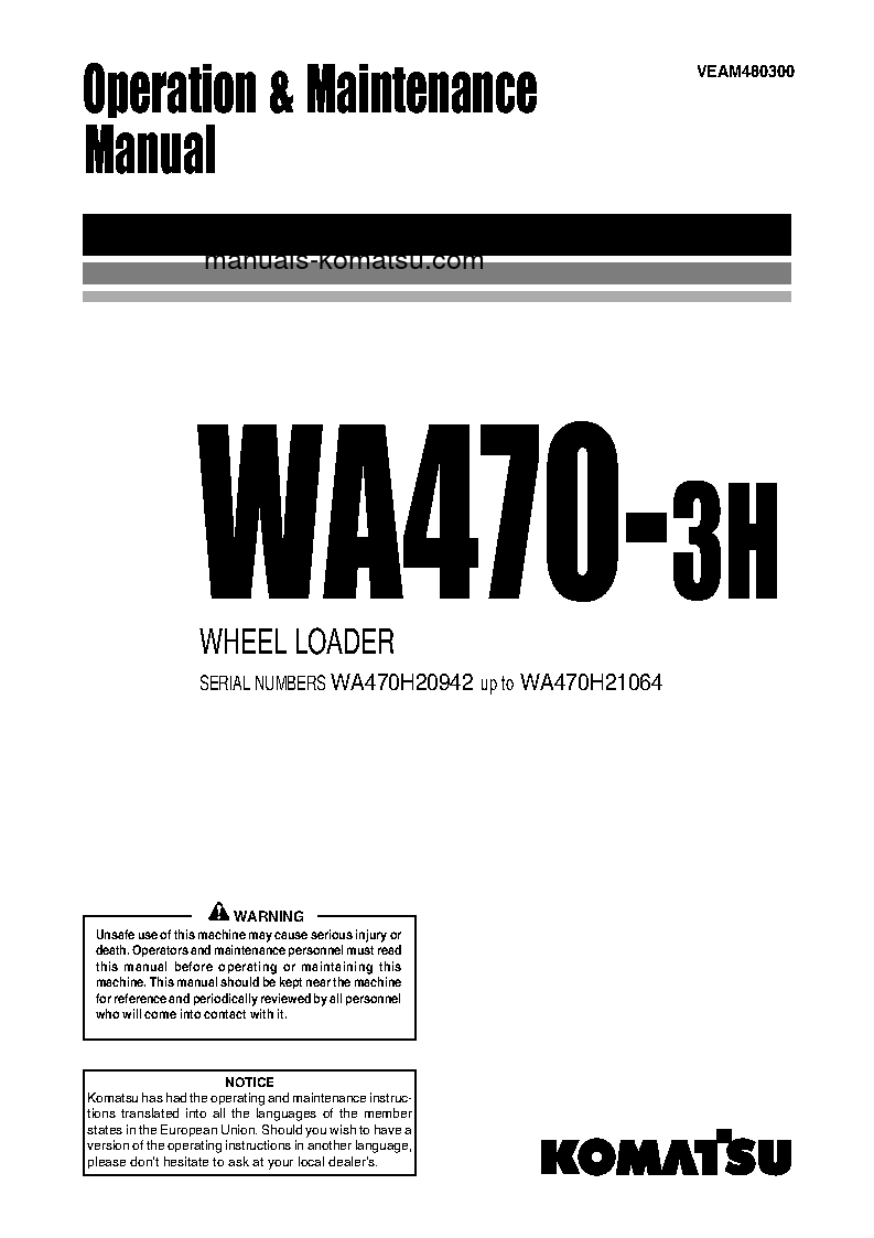 WA470-3(DEU)-H S/N H20942-H21064 Operation manual (English)