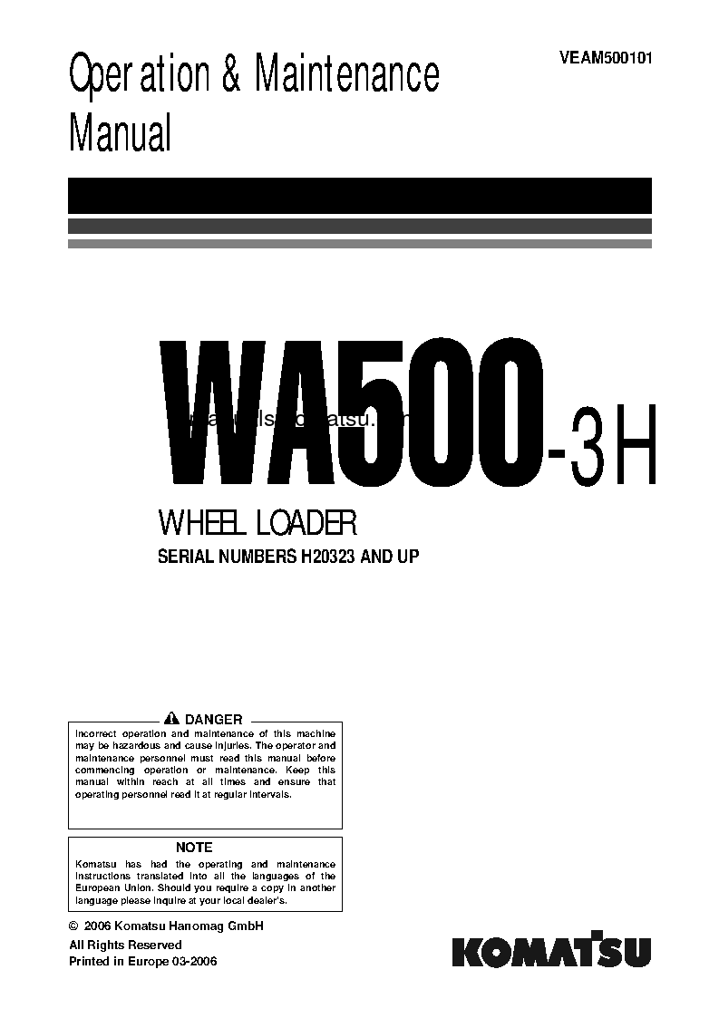 WA500-3(DEU)-H S/N H20323-UP Operation manual (English)