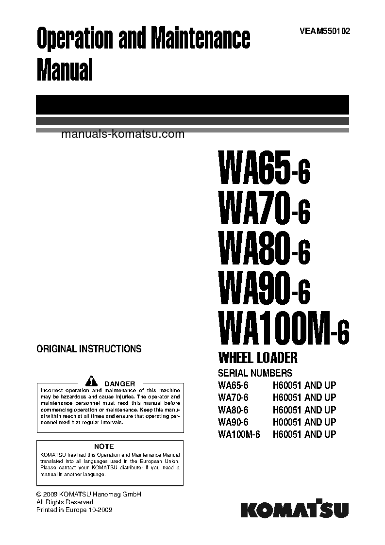 WA70-6(DEU) S/N H60051-UP Operation manual (English)