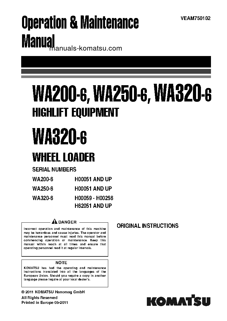 WA320-6(DEU) S/N H62051-UP Operation manual (English)