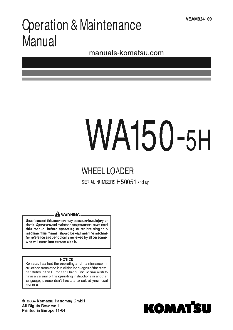 WA150-5(DEU) S/N H50051-UP Operation manual (English)