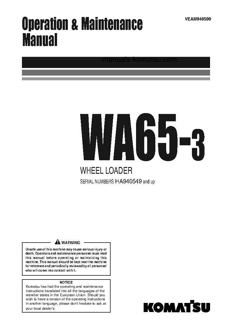 WA65-3(DEU) S/N HA940549-UP Operation manual (English)
