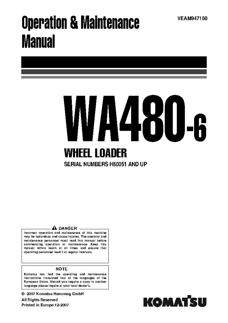 WA480-6(DEU) S/N H60051-UP Operation manual (English)
