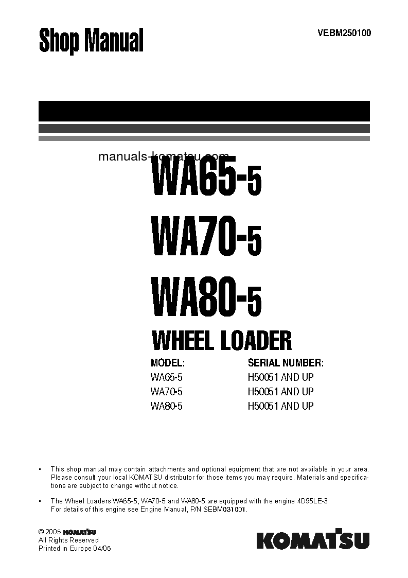 WA70-5(DEU)-WA S/N H50051-UP Shop (repair) manual (English)