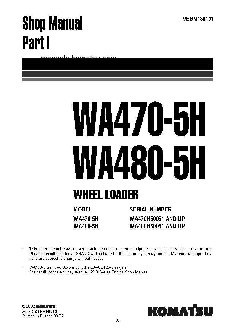 WA480-5(DEU)-H S/N H50051-UP Shop (repair) manual (English)