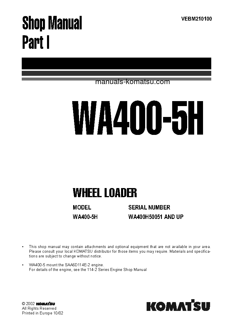 WA400-5(DEU)-H S/N H50051-UP Shop (repair) manual (English)