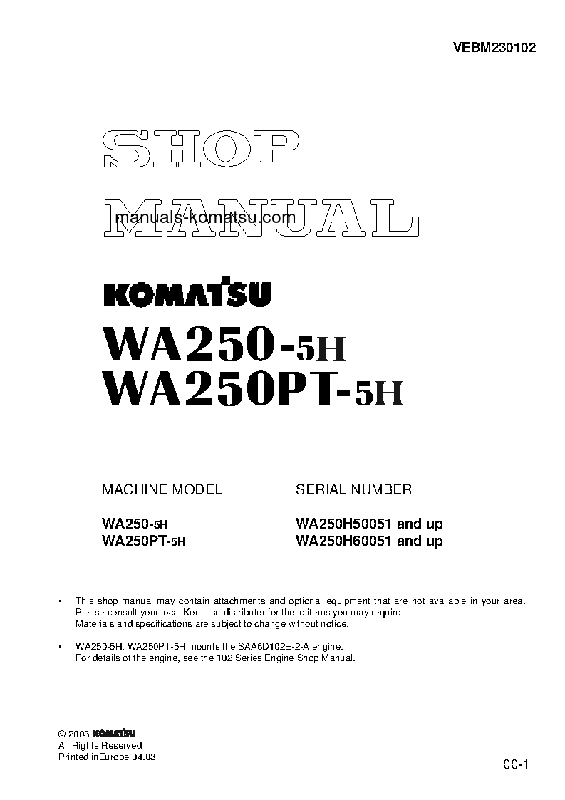 WA250-5(DEU)-H S/N H50051-UP Shop (repair) manual (English)