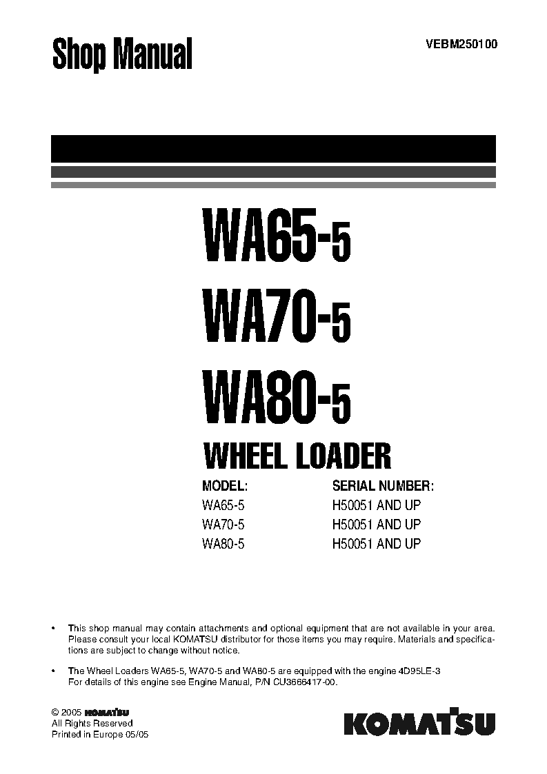 WA65-5(DEU) S/N H50051-UP Shop (repair) manual (English)