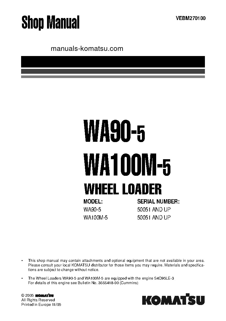 WA100M-5(DEU) S/N 50051-UP Shop (repair) manual (English)
