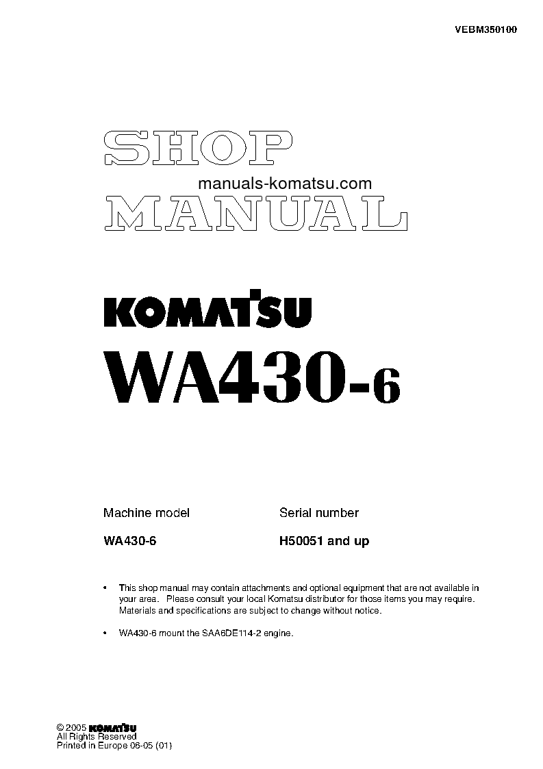 WA430-6(DEU) S/N H50051-UP Shop (repair) manual (English)