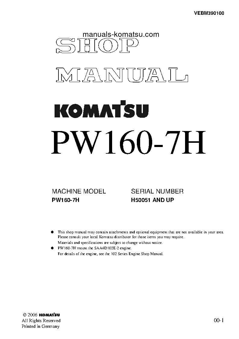 PW160-7(DEU) S/N H50051-UP Shop (repair) manual (English)
