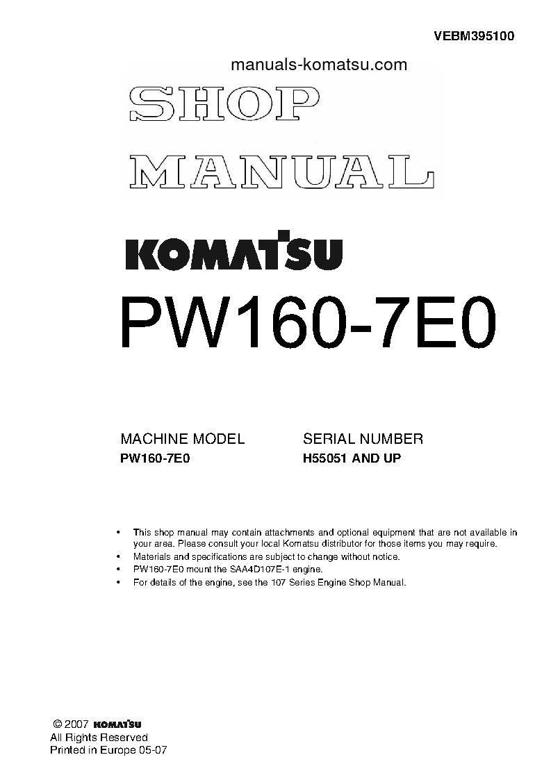PW160-7(DEU)-TIER 3 S/N H55051-UP Shop (repair) manual (English)
