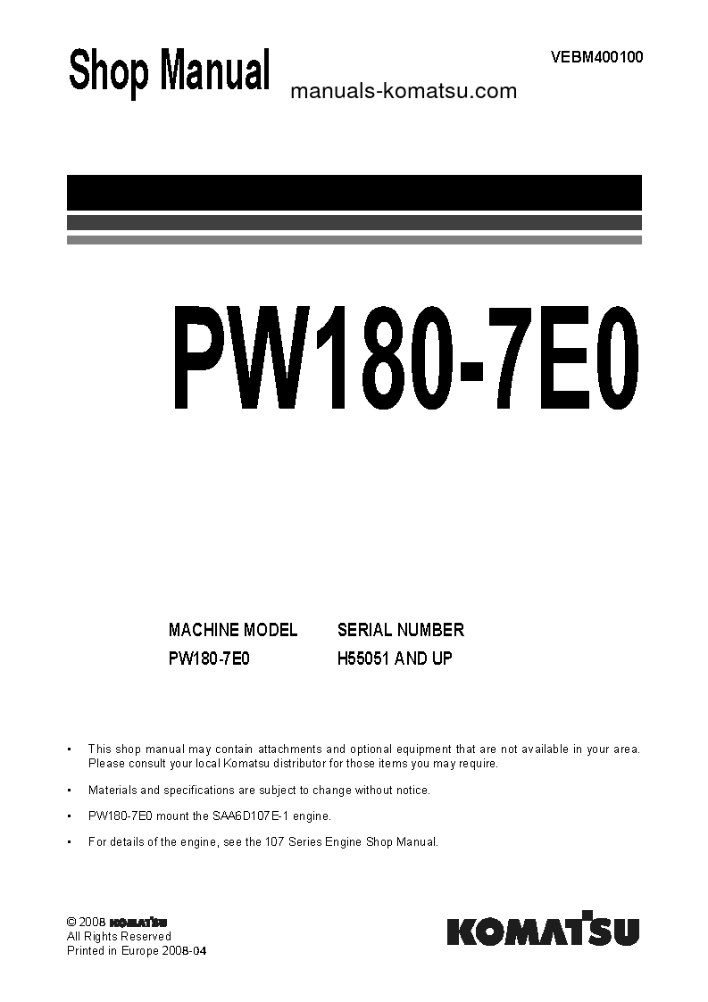 PW180-7(DEU)-E0 S/N H55051-UP Shop (repair) manual (English)