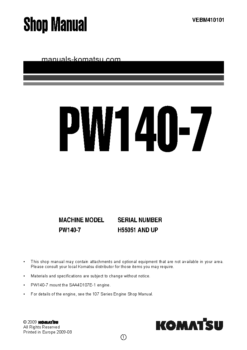 PW140-7(DEU) S/N H55051-UP Shop (repair) manual (English)