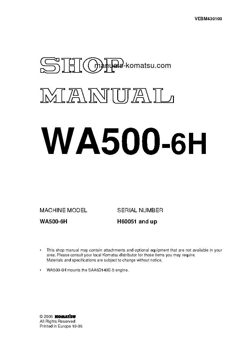 WA500-6(DEU) S/N H60051-UP Shop (repair) manual (English)