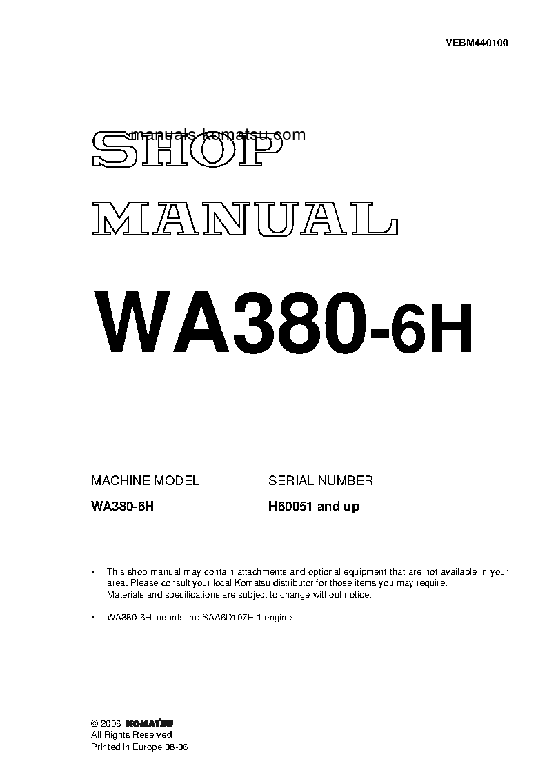 WA380-6(DEU) S/N H60051-UP Shop (repair) manual (English)