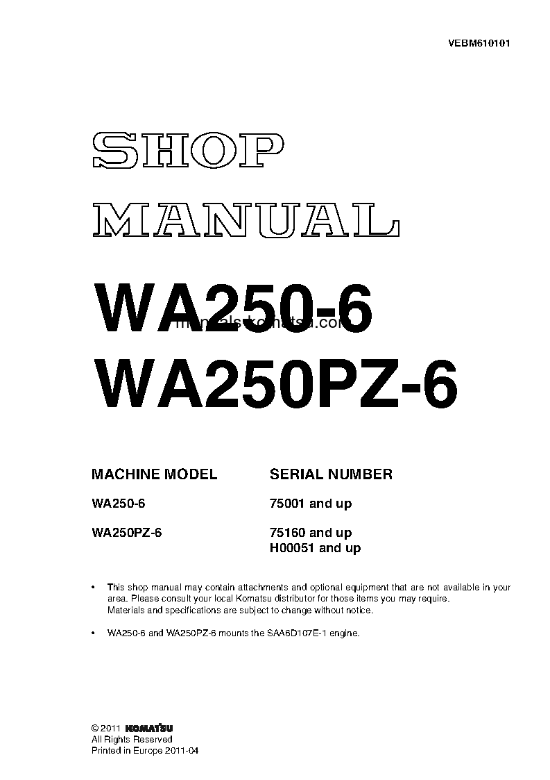 WA250PZ-6(DEU) S/N H00051-UP Shop (repair) manual (English)
