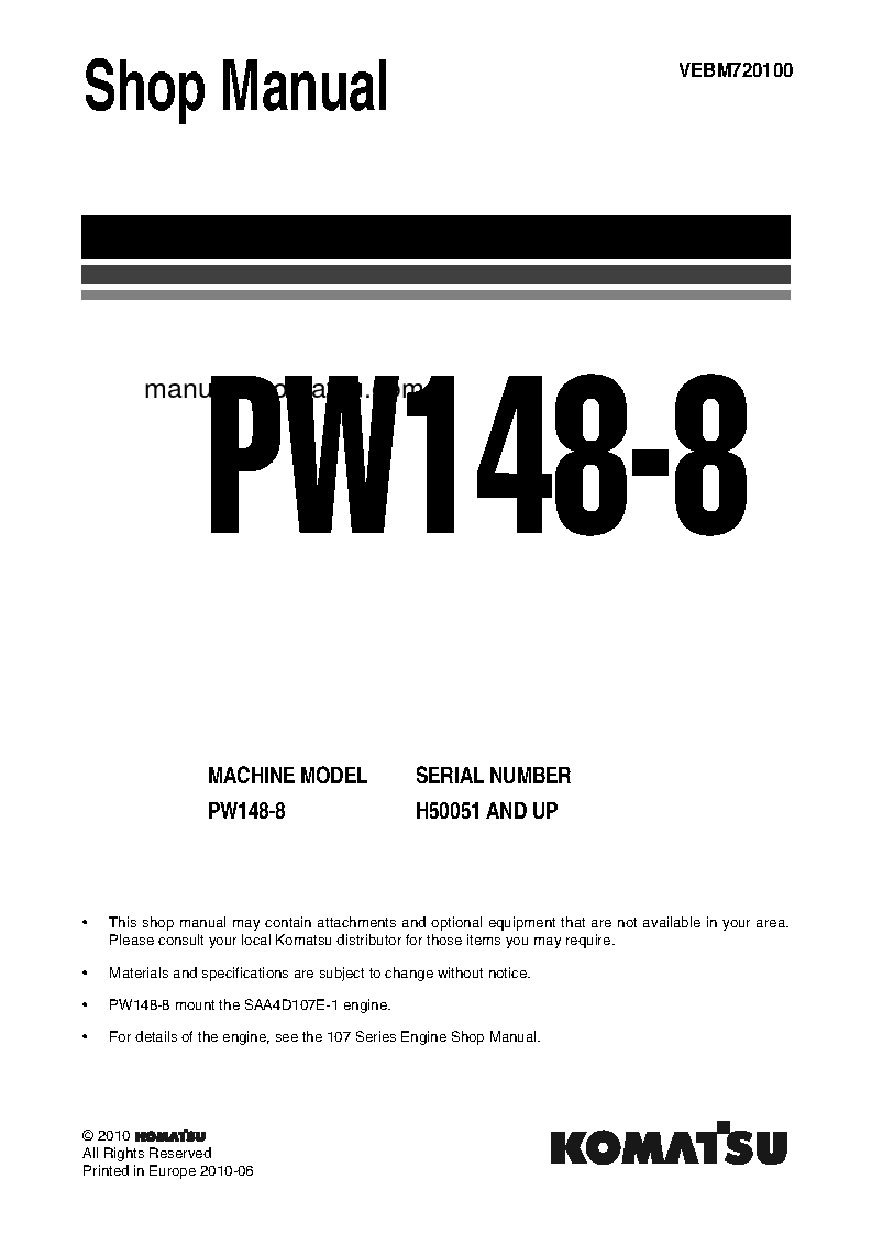 PW148-8(DEU) S/N H50051-UP Shop (repair) manual (English)