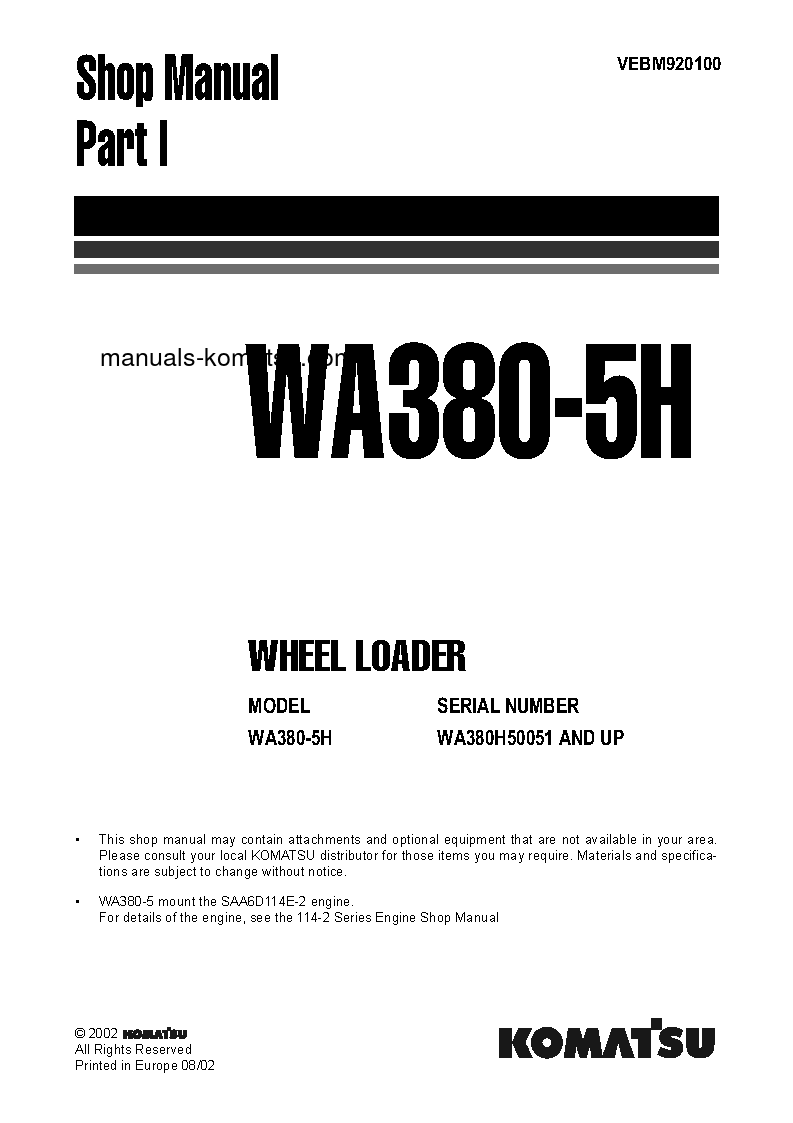 WA380-5(DEU)-H S/N WA380H50051-WA380H50756 Shop (repair) manual (English)