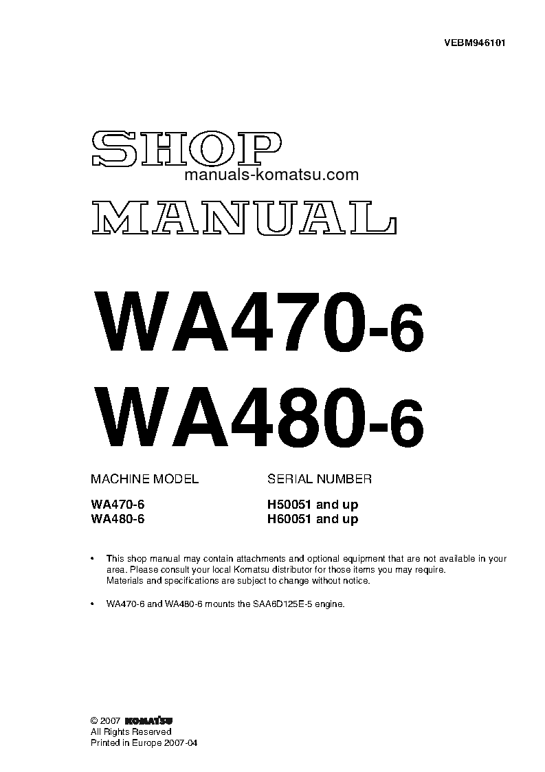 WA470-6(DEU) S/N H50051-UP Shop (repair) manual (English)