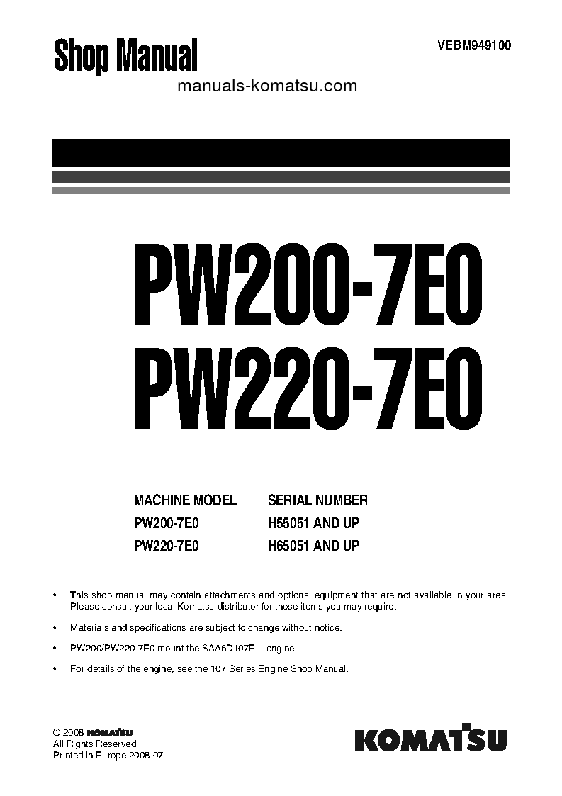 PW200-7(DEU)-TIER 3 S/N H55051-UP Shop (repair) manual (English)