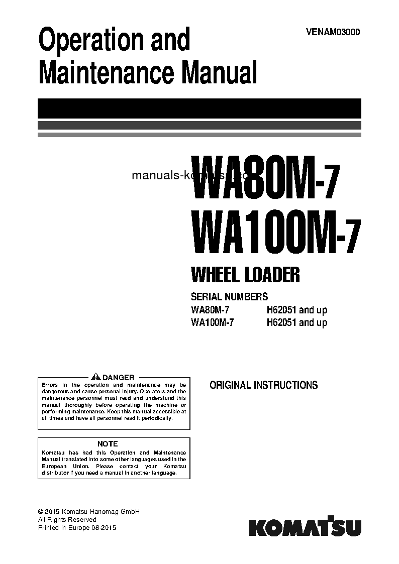 WA100M-7(DEU) S/N H62051-AND UP Operation manual (English)