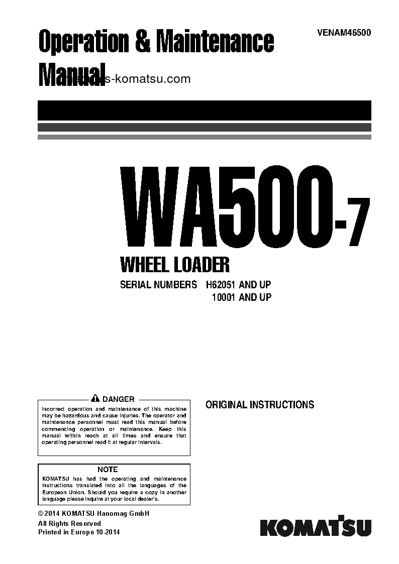 WA500-7(DEU) S/N H62051-AND UP Operation manual (English)