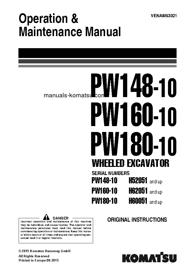 PW160-10(DEU) S/N H62051-UP Operation manual (English)
