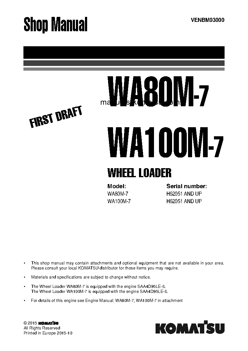 WA100M-7(DEU) S/N H62051-AND UP Shop (repair) manual (English)