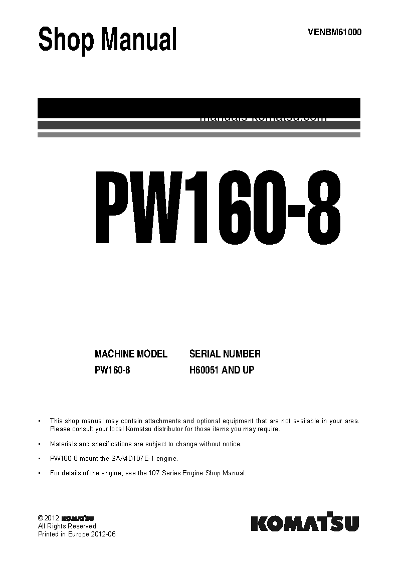 PW160-8(DEU) S/N H60051-UP Shop (repair) manual (English)