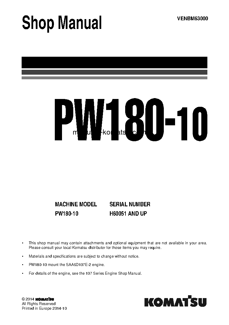 PW180-10(DEU) S/N H60051-UP Shop (repair) manual (English)