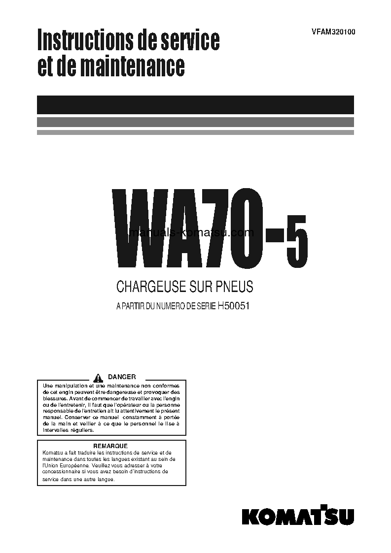WA70-5(DEU) S/N H50051-UP Operation manual (French)